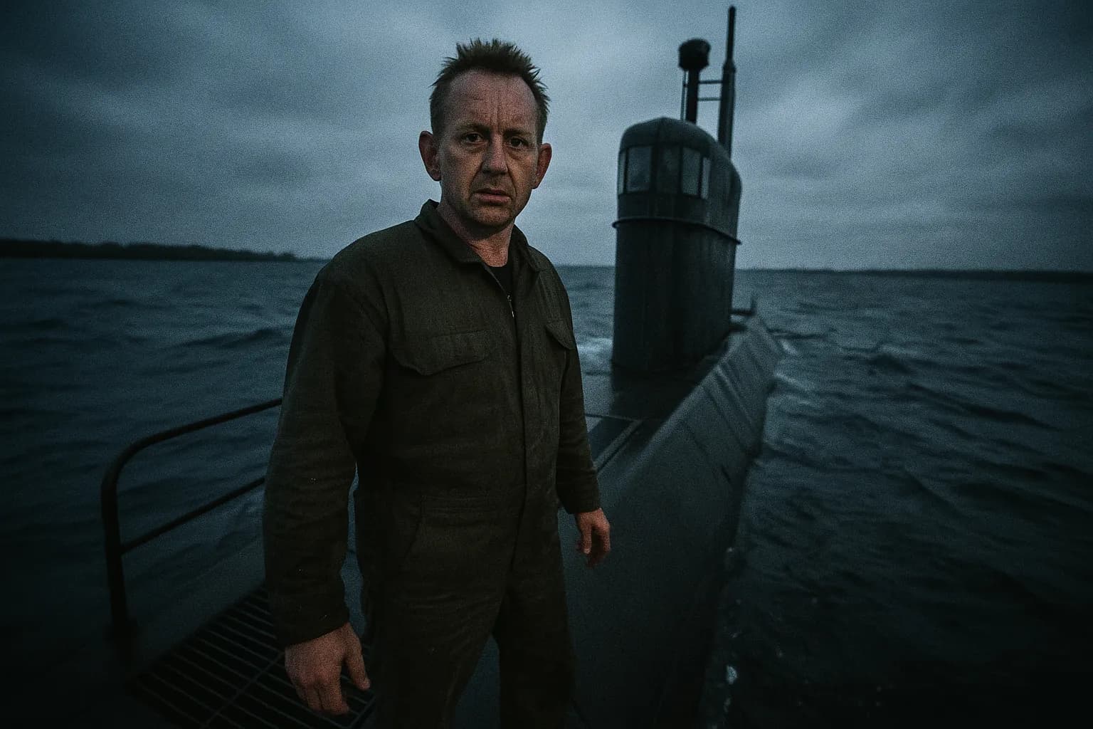 En skikkelse, der ligner Peter Madsen, står på dækket af UC3 Nautilus-ubåden, omgivet af det kolde, mørke vand, med en kystlinje svagt synlig i baggrunden.