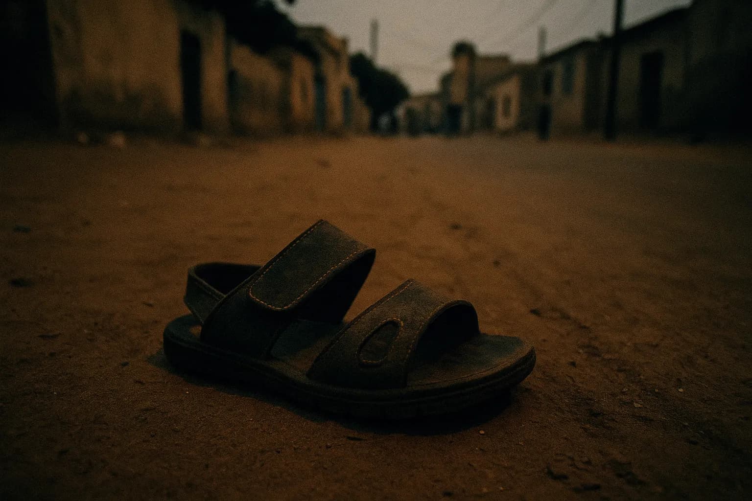 En Talibé-barns sandal ligger efterladt på en støvet gade i Dakar, hvilket symboliserer børns lidelser udnyttet til tiggeri af koranskoler i Senegal.