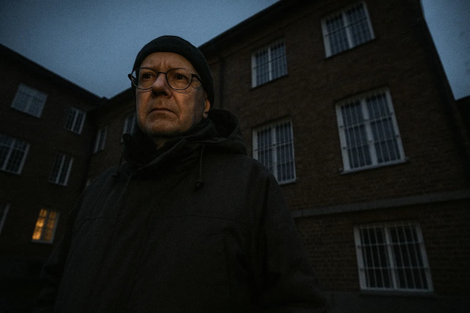 En person, der ligner Sture Bergwall, står uden for Säter psykiatriske hospital iført en vinterfrakke, med institutionens murstensfacade og gittervinduer, der tårner sig op bag ham.