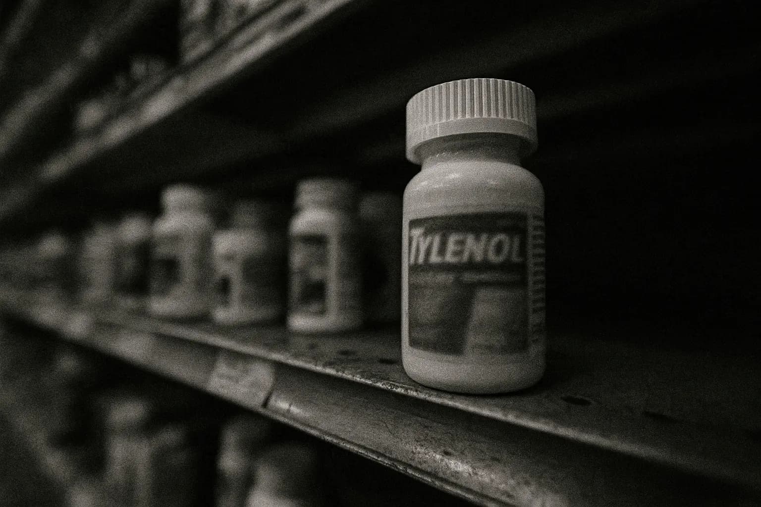 En flaske Tylenol står på en butikshylde, dens etiket delvist synlig, midt i en nødtilbagekaldelse, som symboliserer Chicagos cyanidforgiftning i 1982, der ændrede sikkerheden for håndkøbsmedicin.