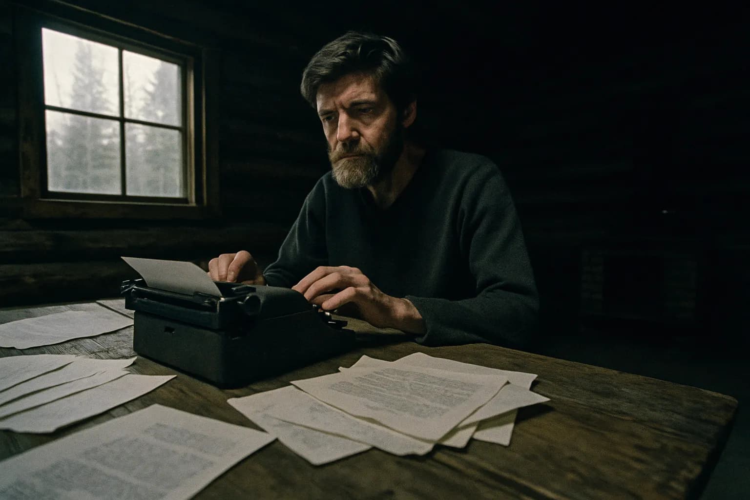 En person, der ligner Ted Kaczynski, sidder ved et rustikt træbord inde i en afsidesliggende hytte i Montana, omgivet af spredte papirer og en skrivemaskine, hvilket fanger ensomheden i hans isolerede livsstil.