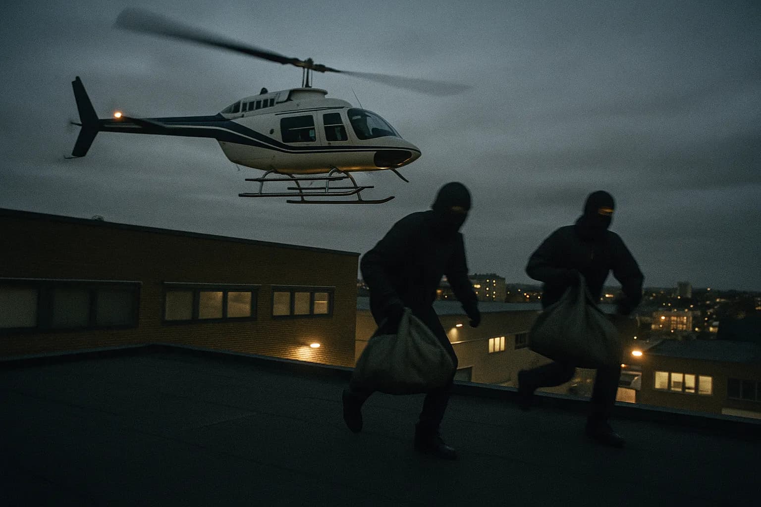 En Bell 206 Jet Ranger helikopter svæver over taget af G4S depotet i Västberga, Sverige, mens maskerede personer bærer sække med kontanter ud, bybilledet synligt i den svage afstand.