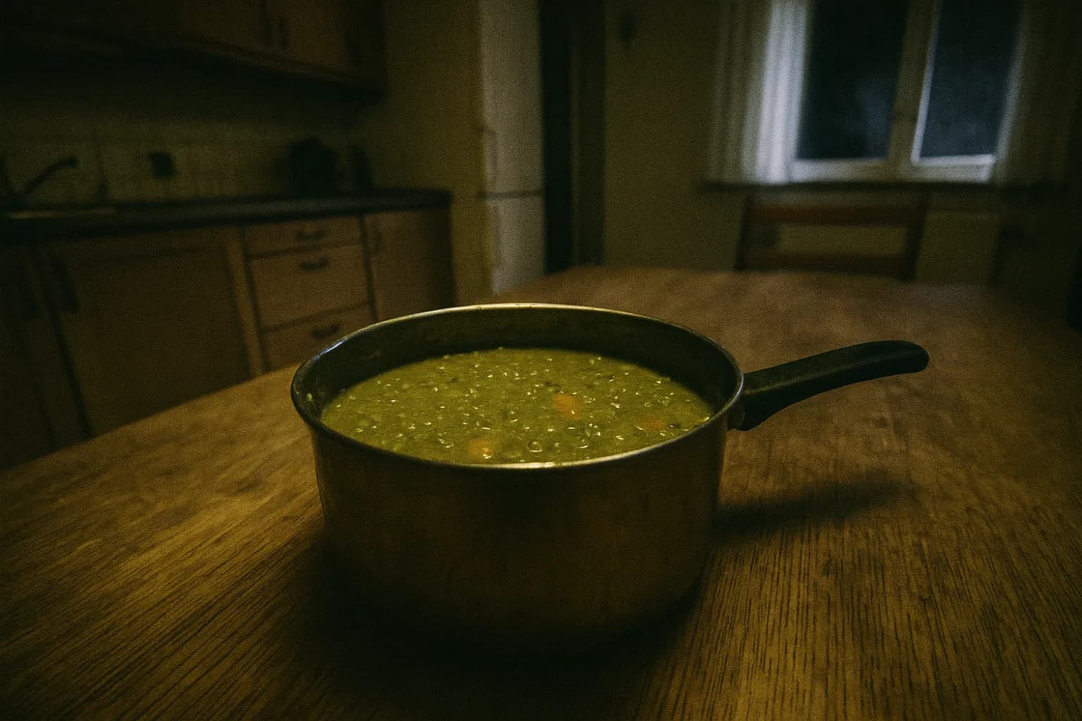 En gryde med ærtesuppe står på et køkkenbord i et beskedent hjem i Vejle, dens indhold er forgiftet, afgørende i sagen mod Marie Lock Hansen.