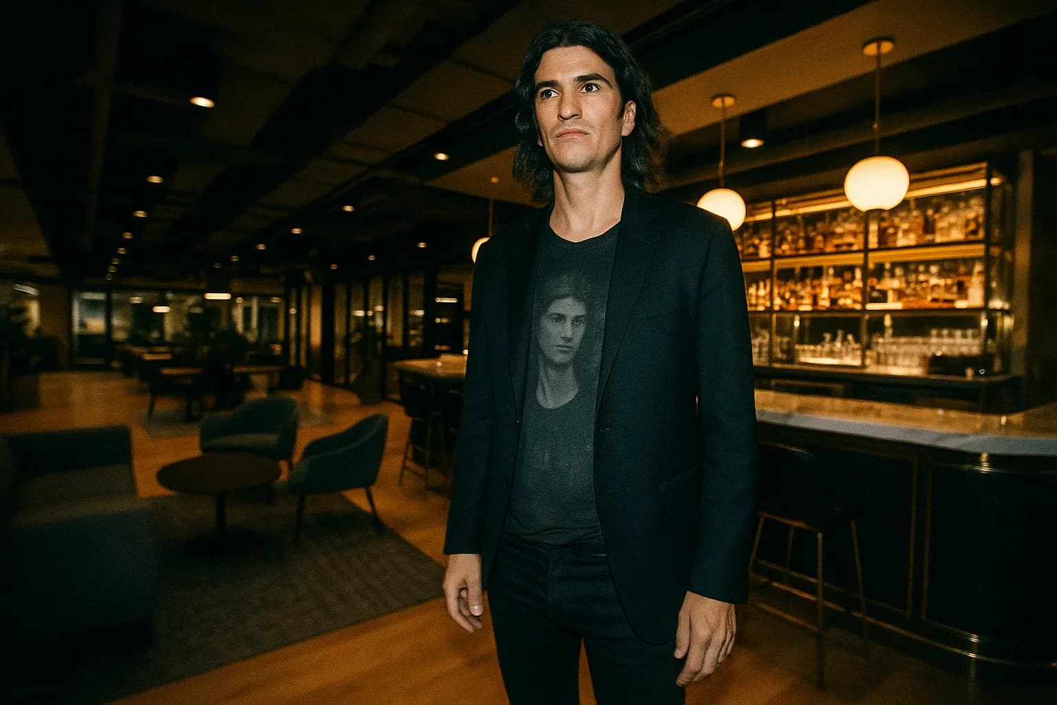 En figur, der ligner Adam Neumann, står i et slankt, moderne co-working-rum med en overdådig bar i baggrunden, der symboliserer den overdådige livsstil og kontroversielle lederskab, der prægede WeWorks stigning og fald.
