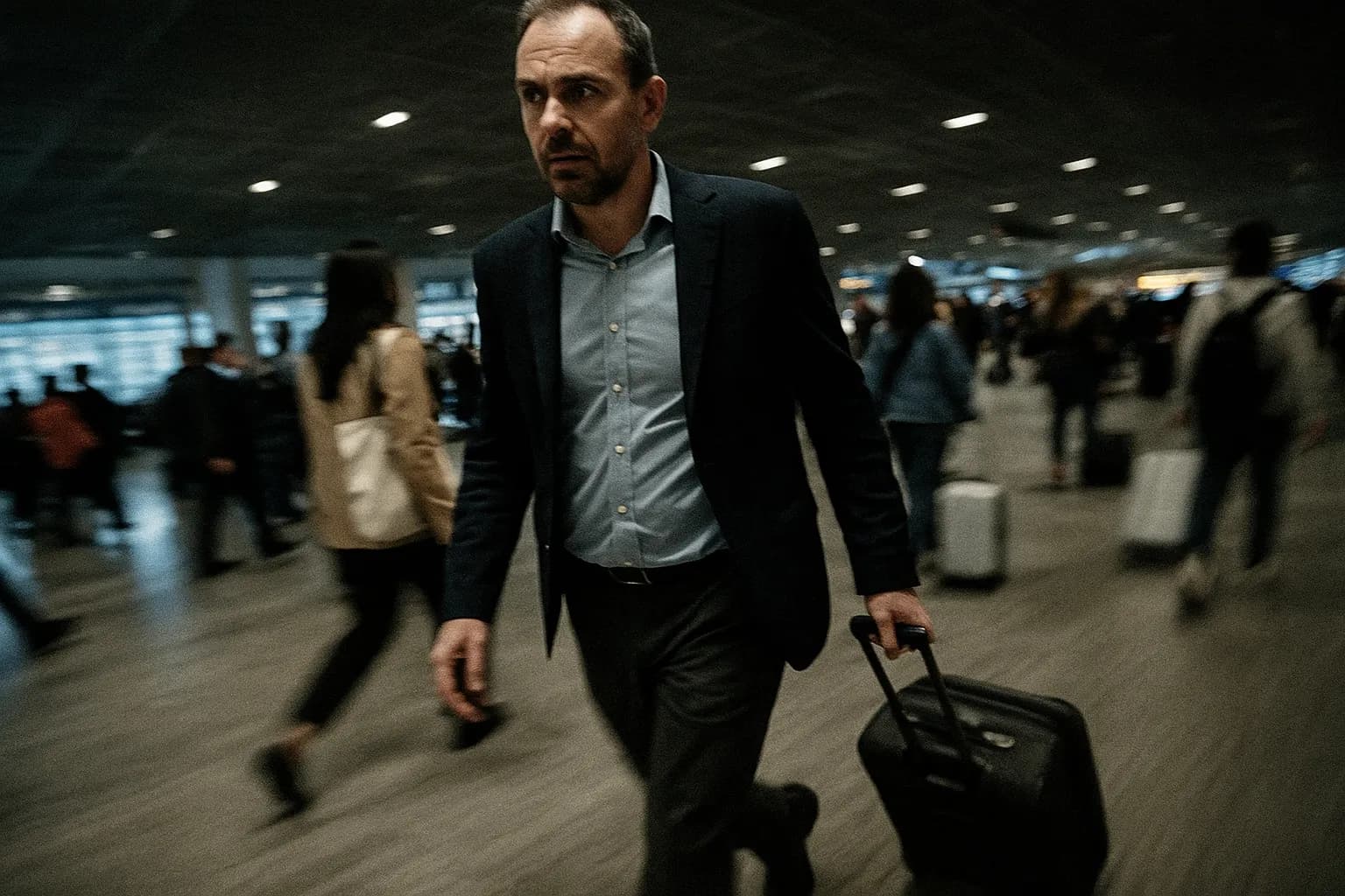 En skikkelse, der ligner Jan Marsalek, går gennem en travl international lufthavn, med en velbrugt kuffert trukket bag sig og en uro i blikket, der antyder hans forbindelser til den berygtede Wirecard-skandale.