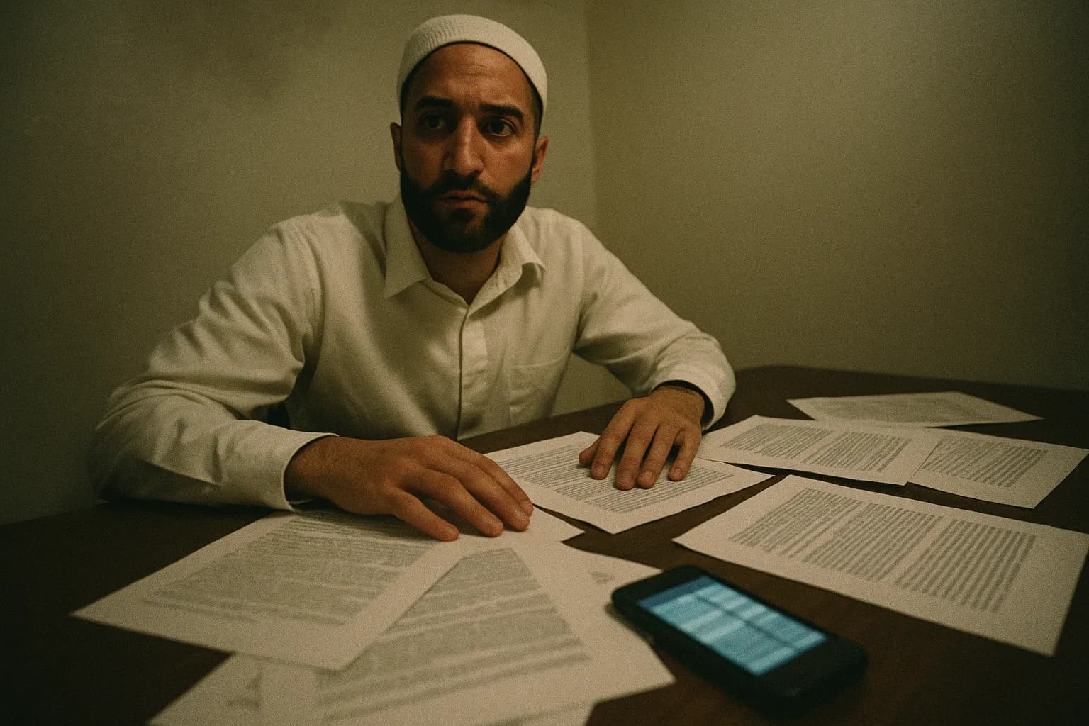 En skikkelse, der ligner Adnan Syed, sidder ved et bord med juridiske dokumenter spredt omkring, en mobiltelefon i nærheden fremhæver den centrale granskning af mobiltårndata i sagen.