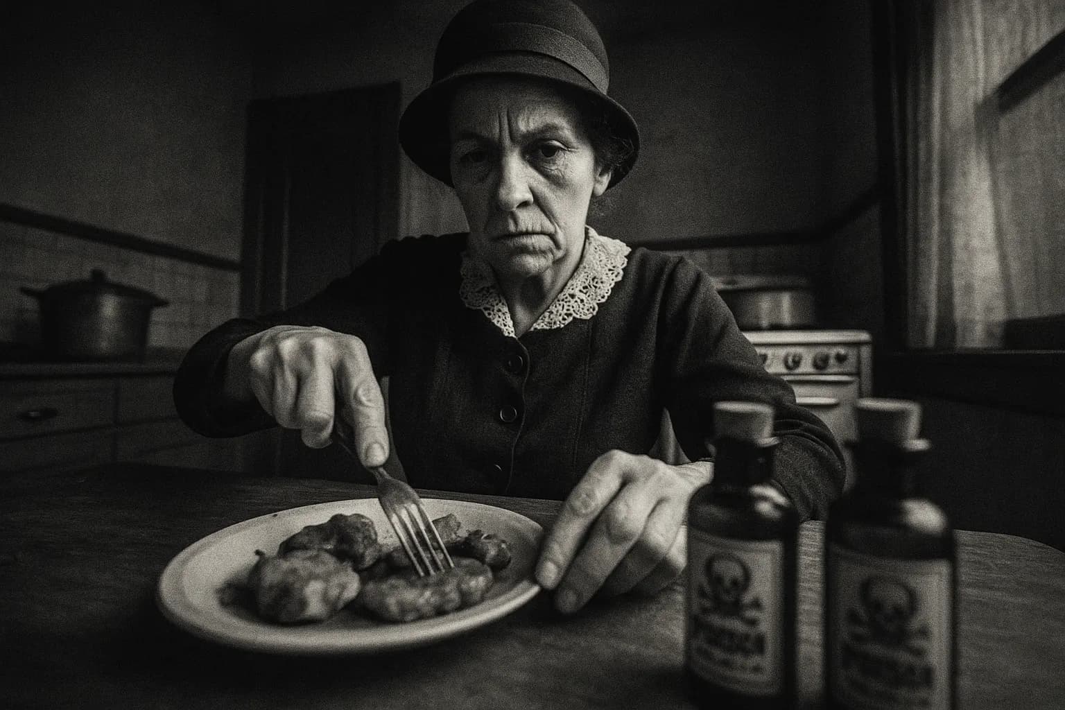 En skikkelse, der ligner Tillie Klimek, sidder ved et køkkenbord i 1920'er-tøj og forbereder metodisk et måltid med arsenik, med små flasker mærket 'Rough on Rats' i nærheden, hvilket repræsenterer hendes berygtede forgiftningsmetode.
