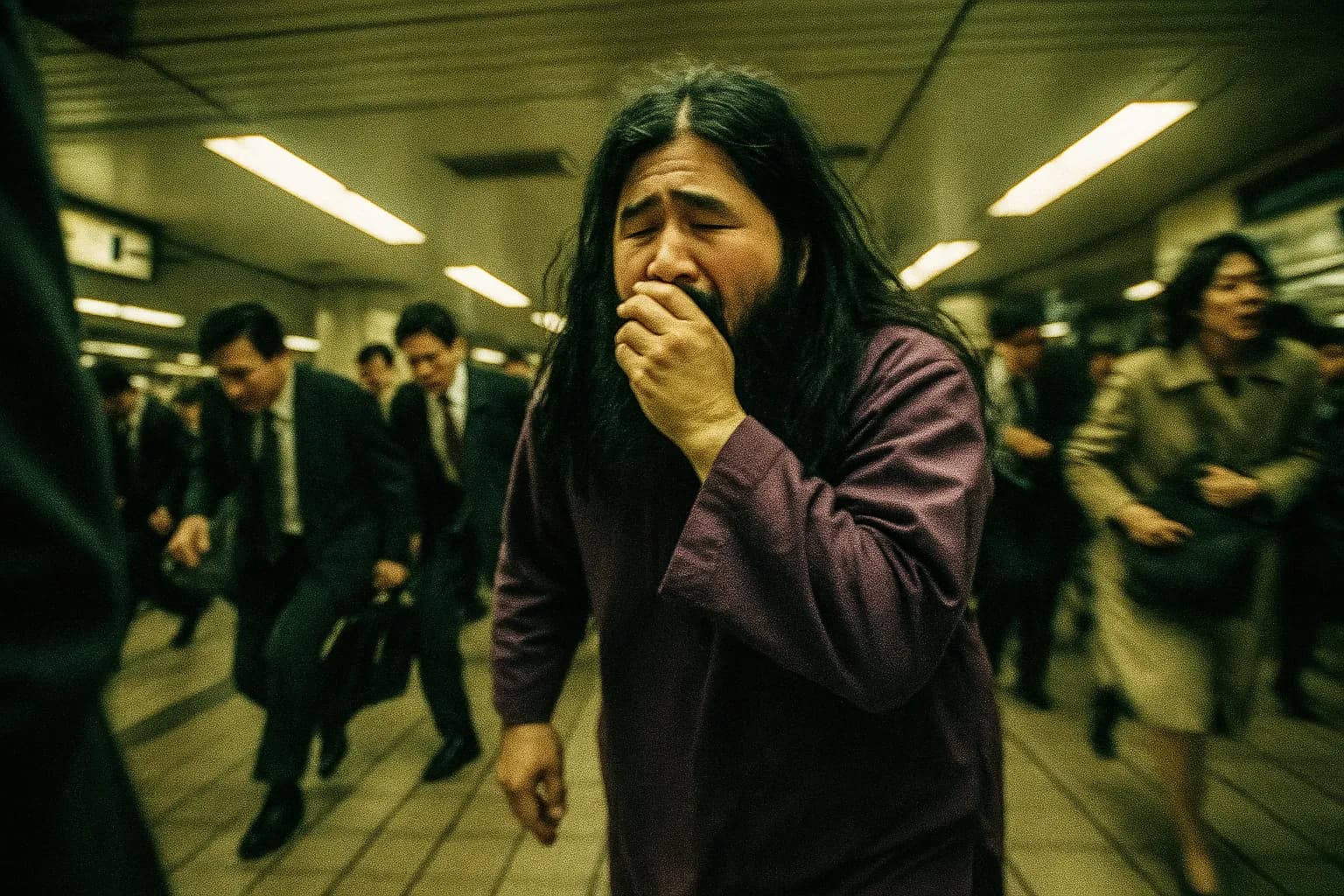 En skikkelse, der ligner Shoko Asahara, står i en overfyldt Tokyo metrostation blandt pendlere, gispende efter luft, mens kaos udfolder sig omkring dem efter sarin gasudslippet.