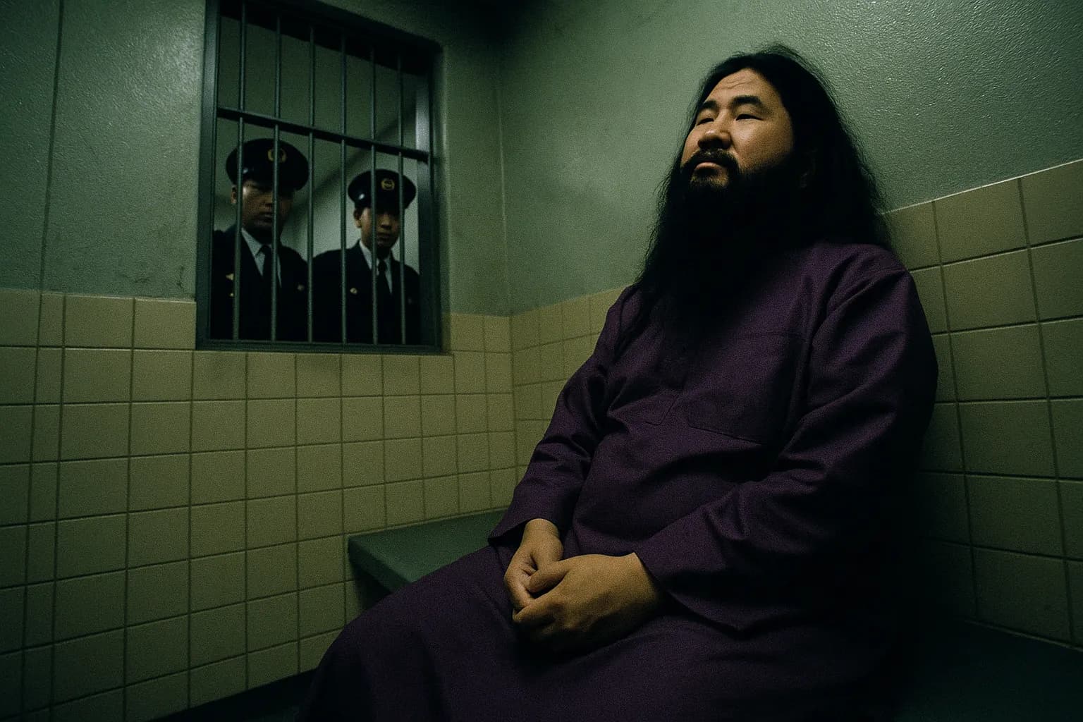 En skikkelse, der ligner Shoko Asahara, lederen af Aum Shinrikyo, i et politistationens tilbageholdelsesrum, med politibetjente, der diskret observerer i baggrunden gennem et smalt, gitterbesat vindue.