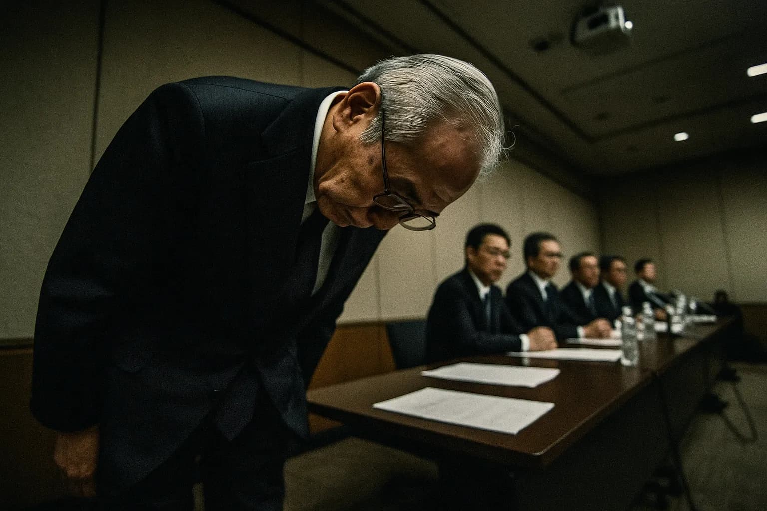 En person, der ligner Toshibas CEO, bukker i resignation i et mødelokale, en håndgribelig udtryk for skam midt i efterspillet af intern regnskabssvindel og sammenbruddet af en milliard-dollar gigant.