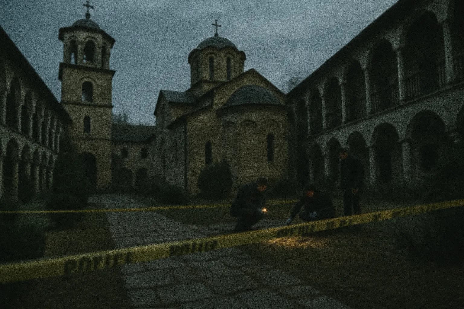 En dyster gårdhave ved Holy Trinity Kloster, med polititape, der afspærrer en sektion, mens efterforskere undersøger området, hvilket antyder årtier-lang misbrug og hemmeligheder skjult derinde.