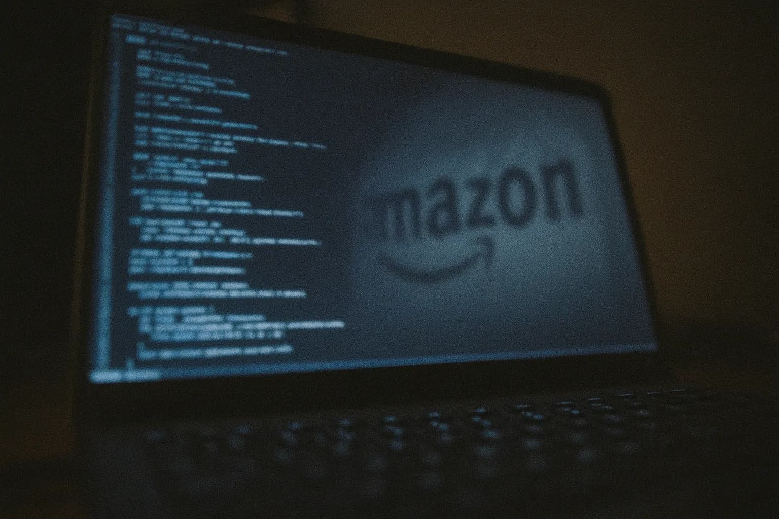 En computerskærm, der viser en terminal med linjer af kode, en refleksion, der viser et svagt Amazon-logo, symboliserer Twitch 2021-lækagen af streamers' indtjening og Amazons uudgivne projekter.