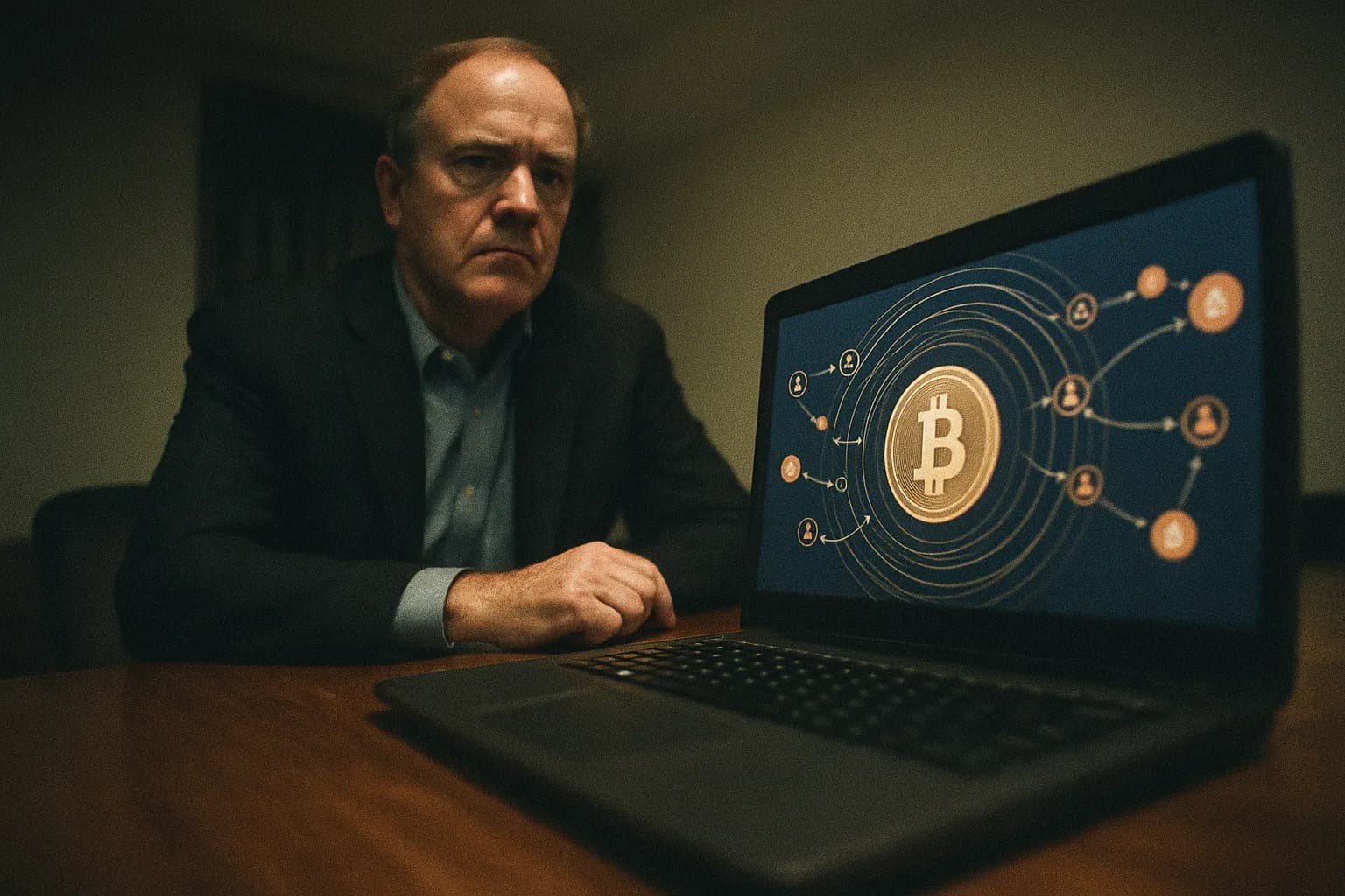 En figur, der ligner Joe Sullivan, sidder ved et træskrivebord, med en åben bærbar computer foran sig, der viser en hvirvlende Bitcoin-transaktionsgrafik, som symboliserer den kontroversielle betaling til hackere under Uber-databruddet i 2016.