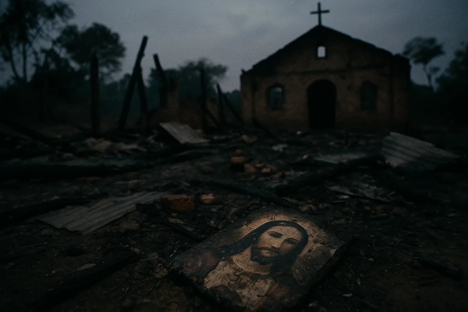En øde kirkeplads i Uganda, forkullede rester og aske, der antyder eftervirkningerne af en ødelæggende brand. I forgrunden ligger en sveden religiøs genstand delvist begravet i murbrokkerne, der vækker mindet om Kanungu-massakrens uhyggelige mysterium.