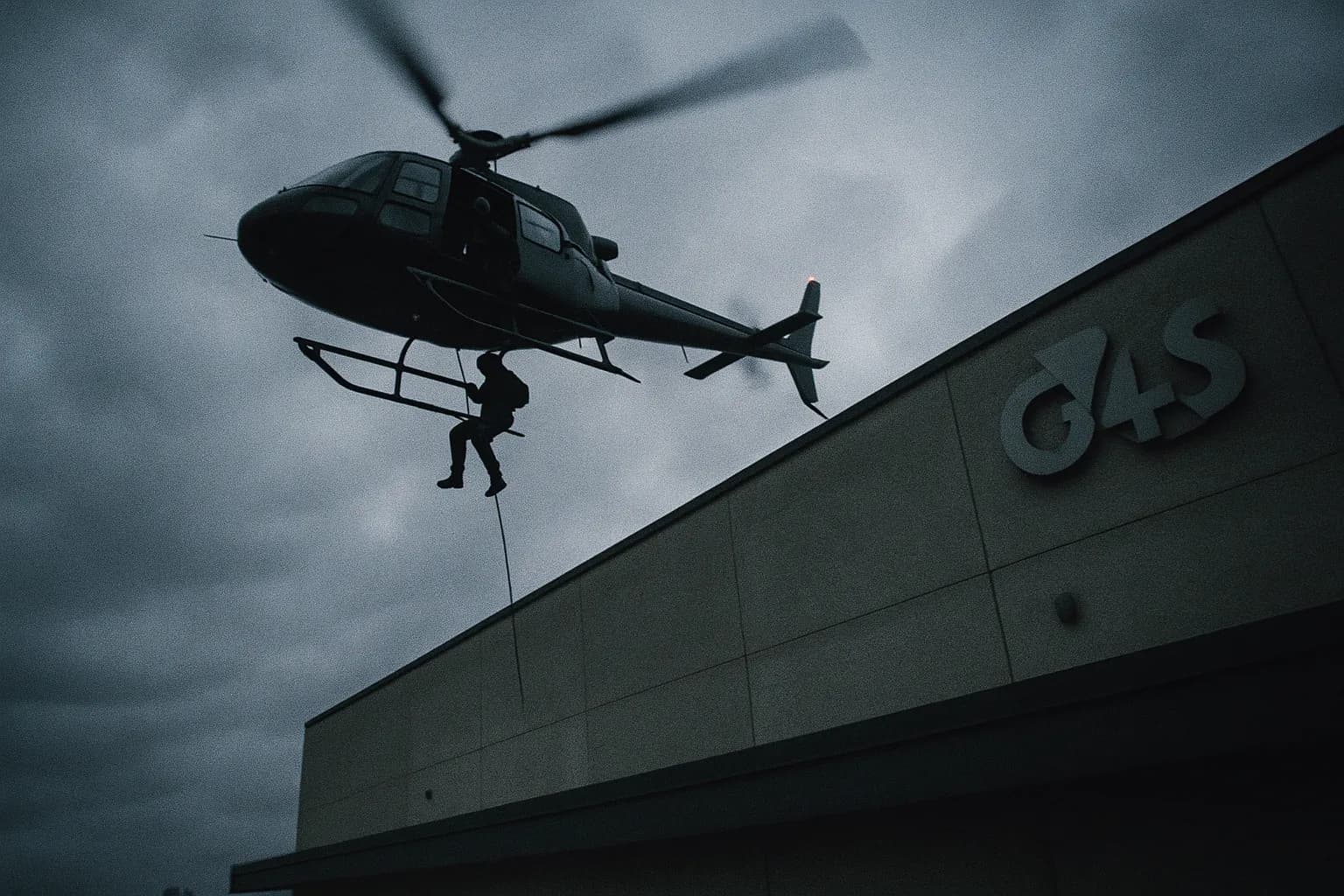 En helikopter svæver over G4S-depotets tag i Stockholm, med lugen åben, mens en person forbereder sig på at komme ned, der indkapsler dristigheden af Västberga-røveriet.