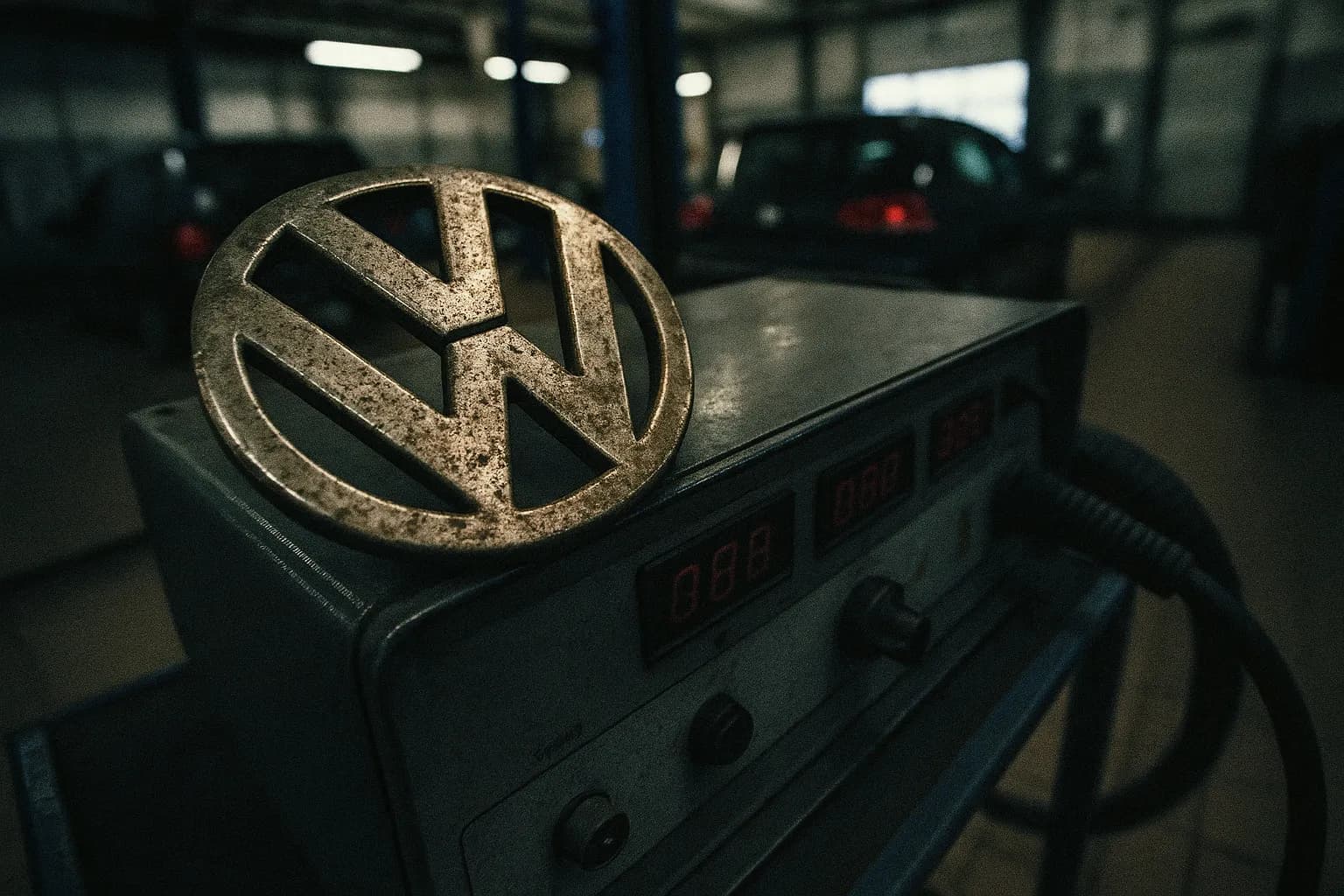 Et anløbent Volkswagen-logo sidder på en forureningsudlednings-testenhed på en biltestfacilitet, hvilket symboliserer Dieselgate-skandalens påvirkning på industrien og miljøet.