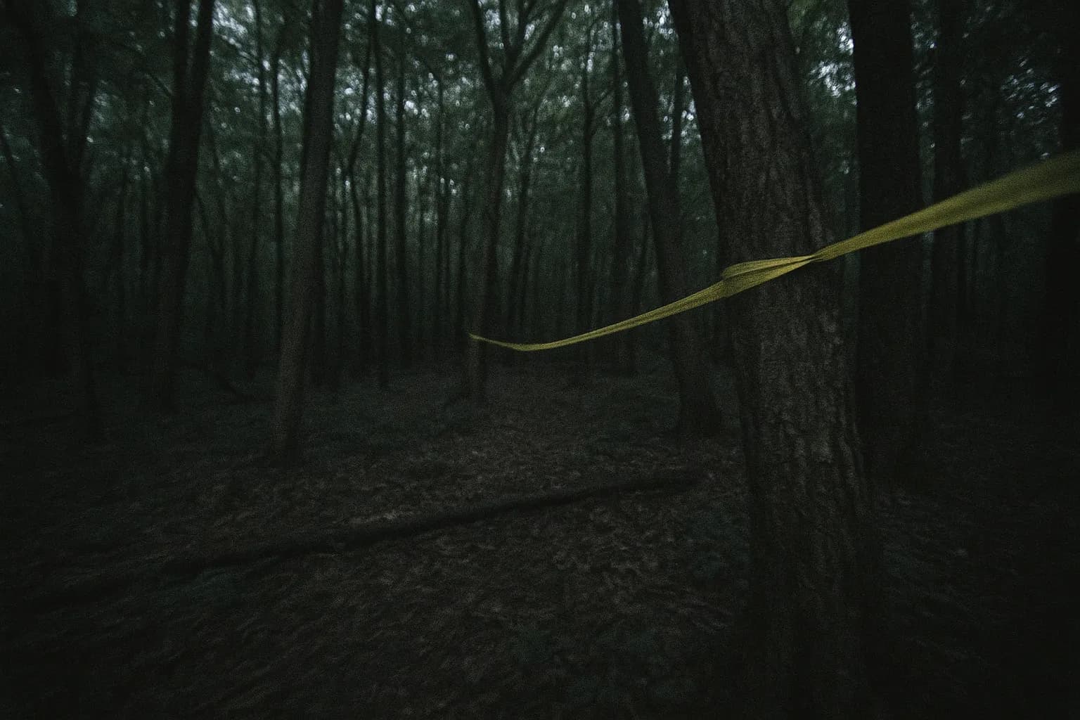Et tæt, skovklædt område i Robin Hood Hills, med gult polititape flagrende på nærliggende træer, der markerer stedet for de berygtede barnemord fra 1993, der er forbundet med West Memphis Three-sagen