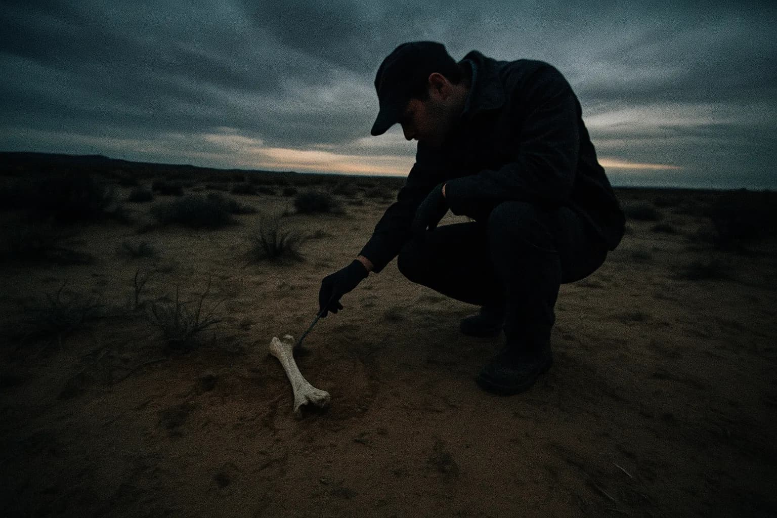 En øde ørkenlandskab i New Mexico med en ensom efterforsker knælende og undersøger et knoglefragment halvt begravet i sandet, hvilket symboliserer den uløste gåde om West Mesa Bone Collector.