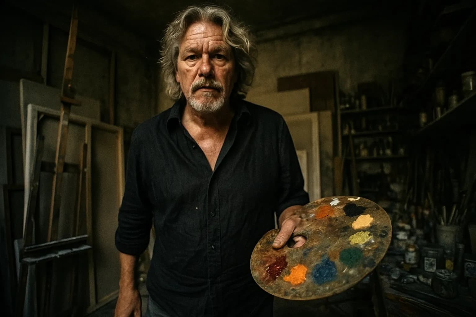 En skikkelse, der ligner Wolfgang Beltracchi, står inde i et rodet værksted, omgivet af kunstforsyninger og lærreder, med en palet af historiske pigmenter i hånden.