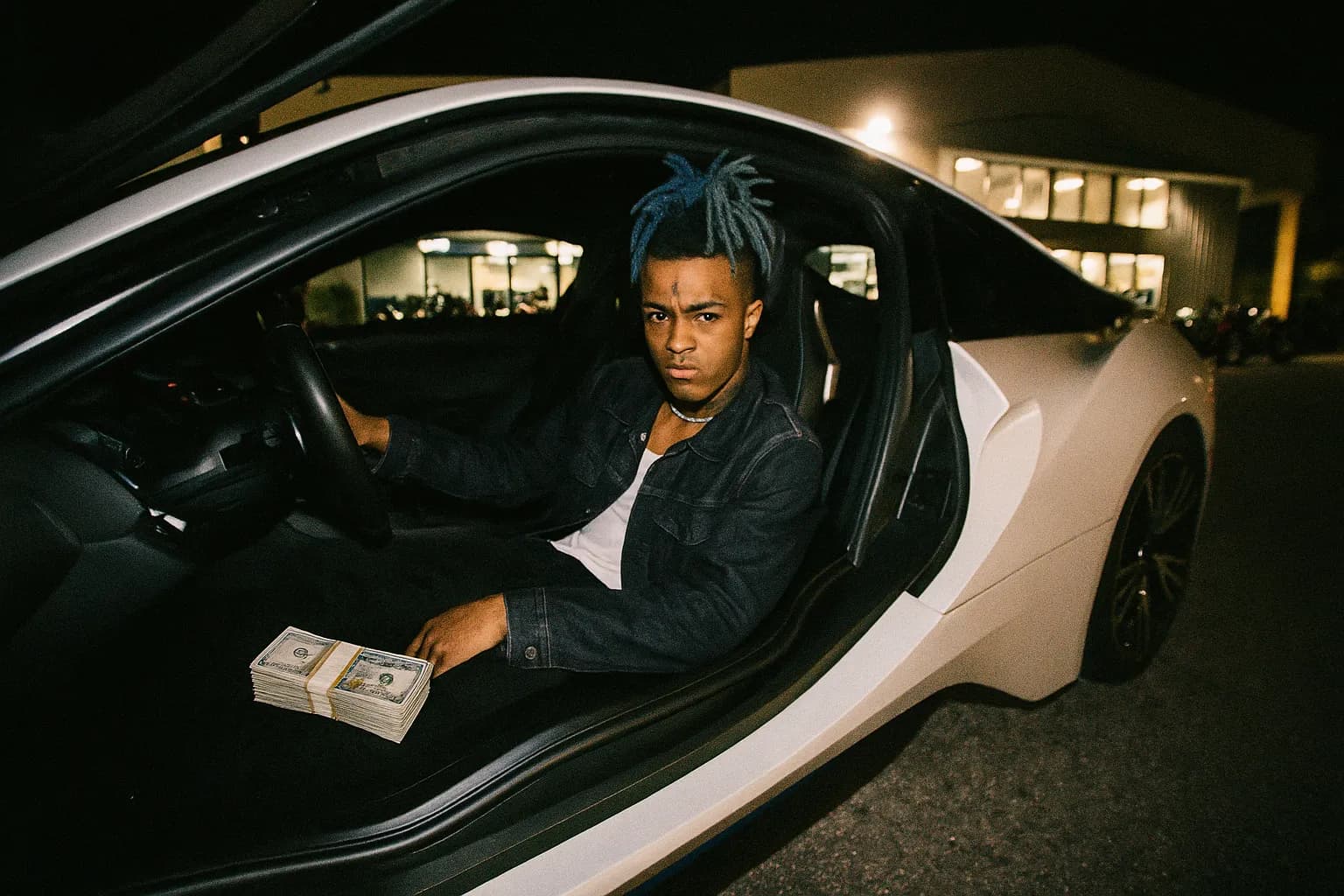 En person, der ligner XXXTentacion, sidder i en BMW i8 parkeret udenfor RIVA Motorsports, med $50.000 synligt på passagersædet.
