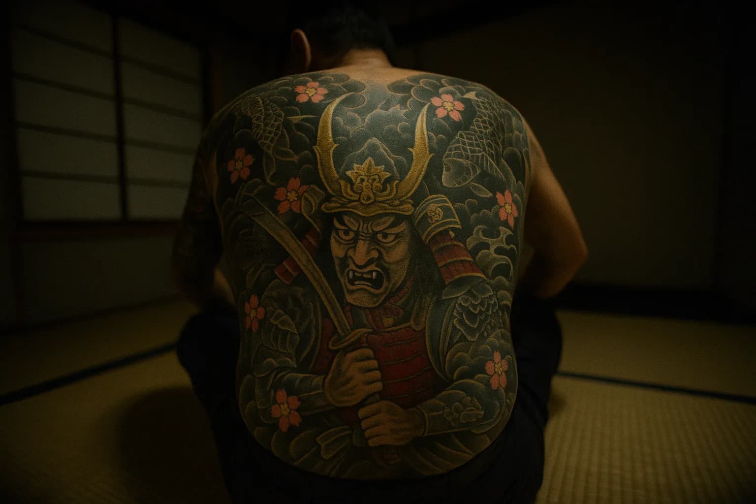 En traditionel yakuza-tatovering indfarvet på ryggen af en figur, der sidder på en tatamimåtte, et symbolsk midtpunkt for Yamaguchi-gumi's berømte fortid og indflydelse i Japan