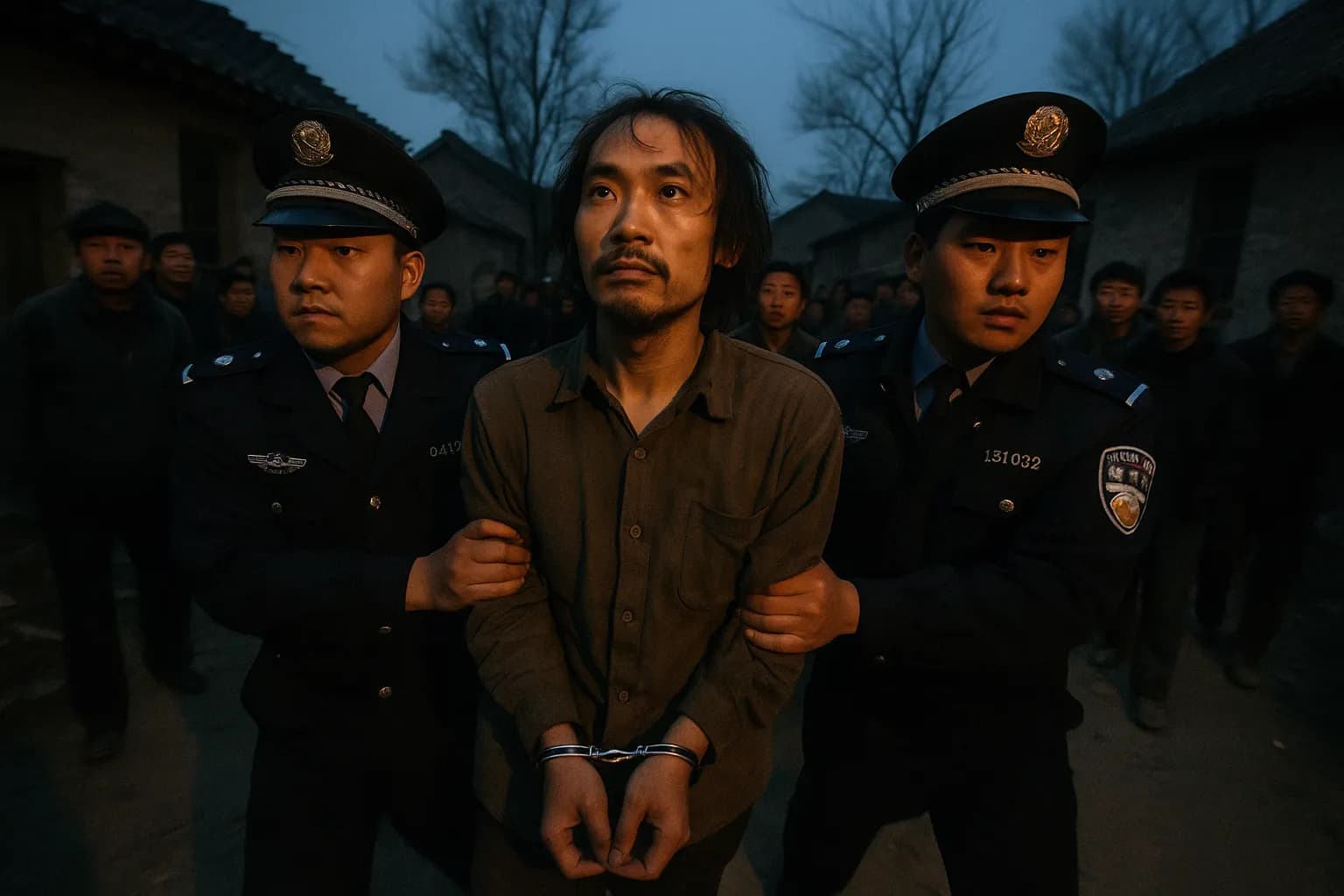 En figur, der ligner Yang Xinhai, eskorteres af politibetjente gennem en landlig kinesisk landsby, omgivet af tilskuere, hvilket fanger øjeblikket af hans tilfangetagelse i 2003.