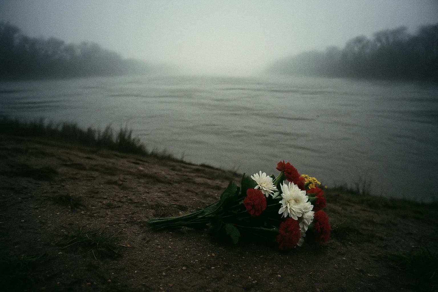 Et øjebliksbillede af Mississippi-floden set på afstand, flodbredderne delvist skjult af tåge, med en ensom buket blomster efterladt på jorden i nærheden, der symboliserer Ylenia Carrisis uopklarede forsvinden.
