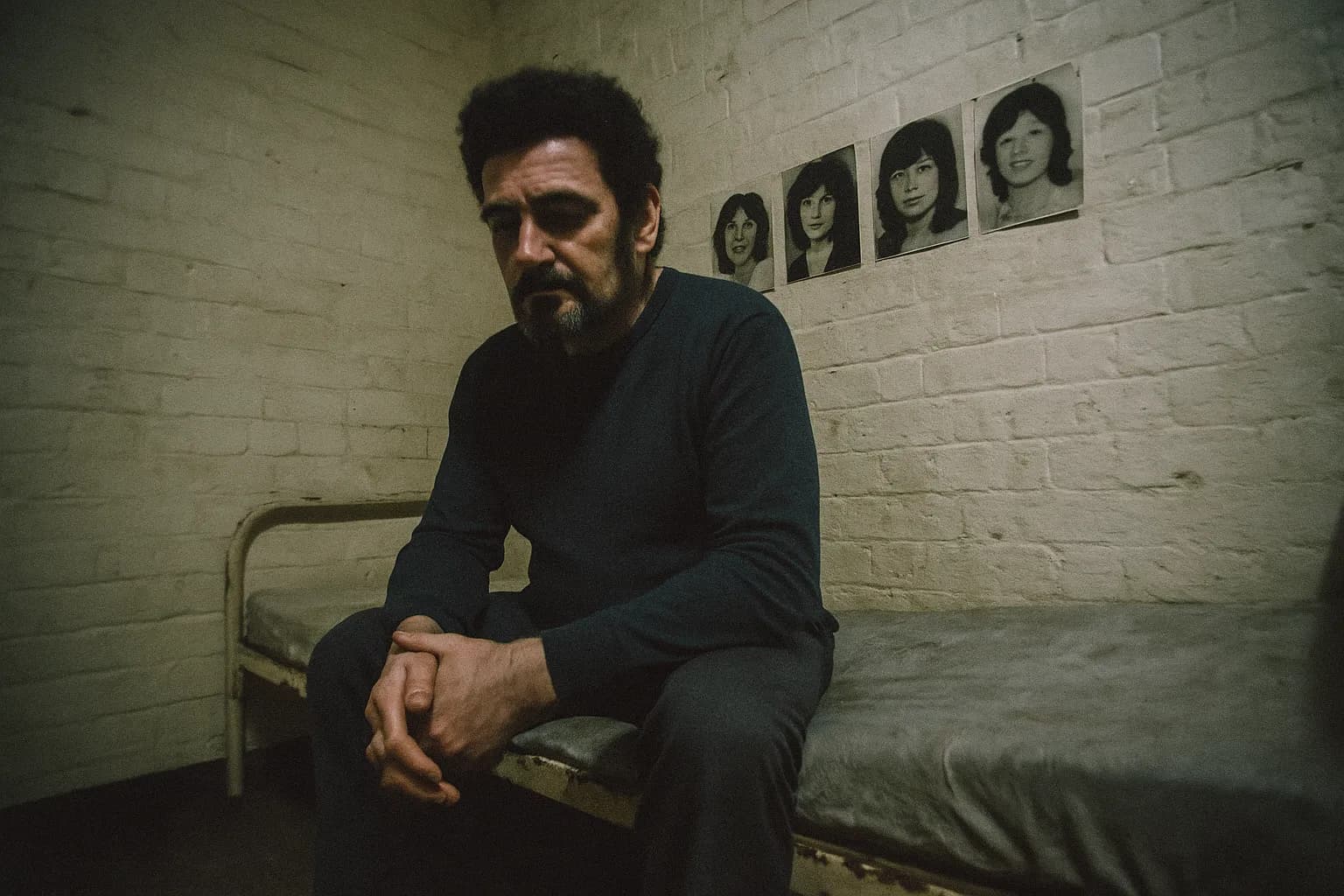 En skikkelse, der ligner Peter Sutcliffe, sidder på en slidt fængselsseng i Durham, falmede fotos af hans ofre er hængt op på væggen, der symboliserer afslutningen på hans rædselstyre.