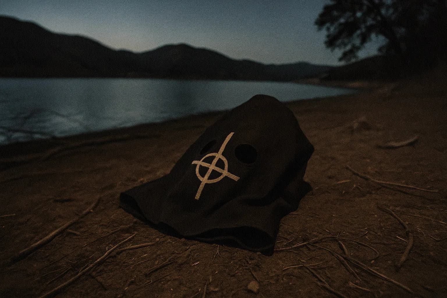 En bøddel-lignende hætte ligger smidt på jorden ved Lake Berryessa, nær hvor Zodiac-morderen angreb, en uhyggelig påmindelse om hans kryptiske og voldelige arv.