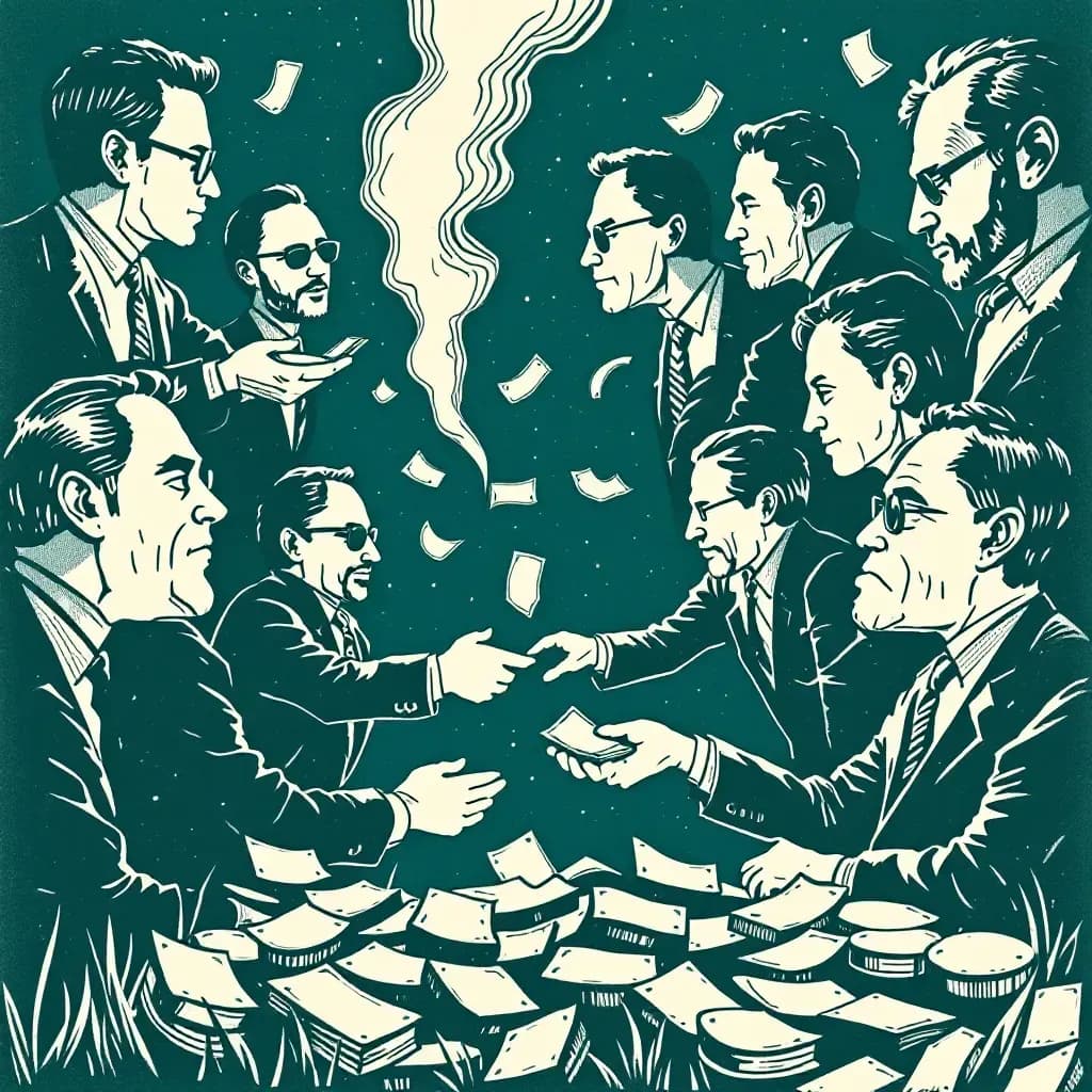 A series of investors exchanging money, with the flow of cash depicted from new to old investors, illustrating a continuous cycle until an eventual collapse.