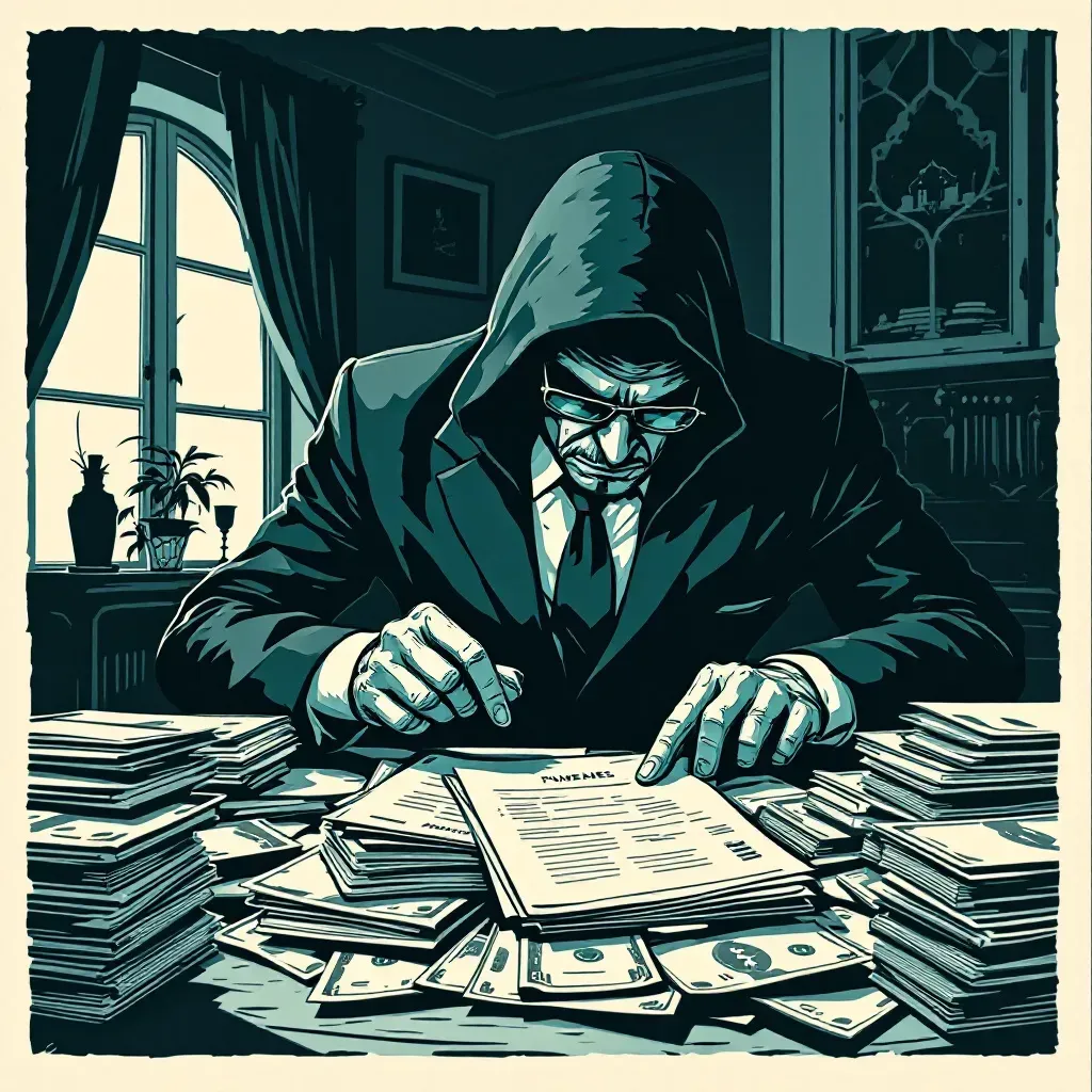 A real estate agent secretly manipulating property documents, surrounded by stacks of cash and fraudulent paperwork, in the interior of a luxury home, symbolizing fraud and money laundering.