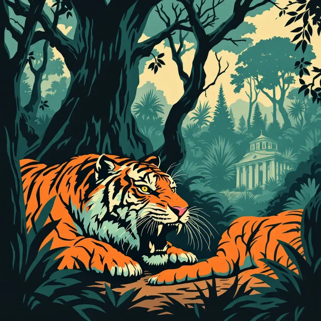 Eccentric zoo owner with tigers, exotic animal cages, concealed crimes like animal abuse, financial fraud, depicted through faux safari park setting, ominous overtones suggest criminal underworld lurking beneath vibrant surface.