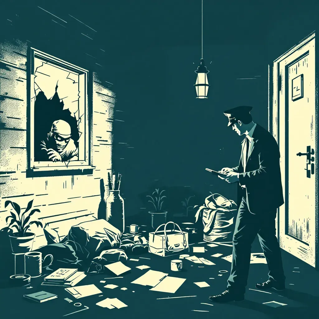 A burglar stealthily entering a dimly lit home through a broken window, scattered belongings indicating a search, with a police investigator examining the scene using a flashlight and a notepad.