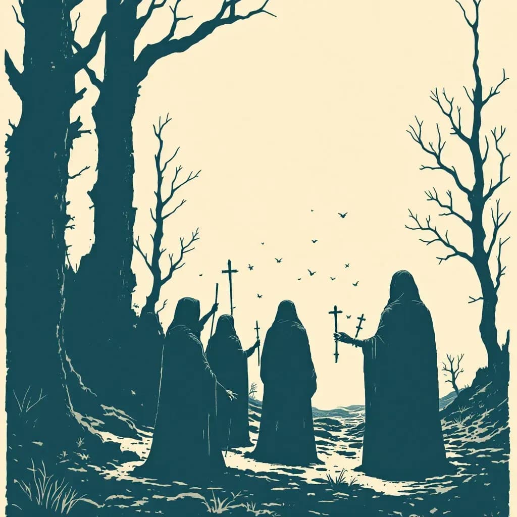 An ominous scene with a group of individuals in a secluded location, displaying symbols of devotion to an enigmatic leader, suggesting psychological manipulation and collective tragedy.