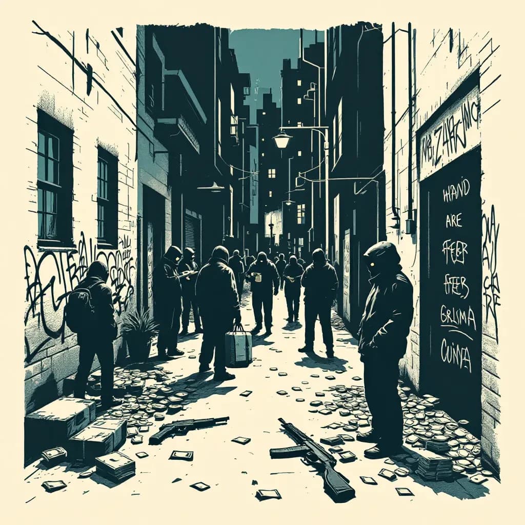 A cityscape with shadowy figures exchanging products in a back alley, surrounded by graffiti, guns, and money on the ground, symbolizing organized crime and its societal impact.