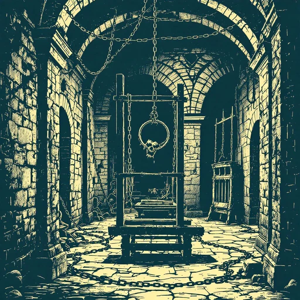 Medieval dungeon with torture devices like the rack and iron maiden, dim light highlighting chains and shadowy corners, evoking a sense of historical brutality and relentless cruelty.