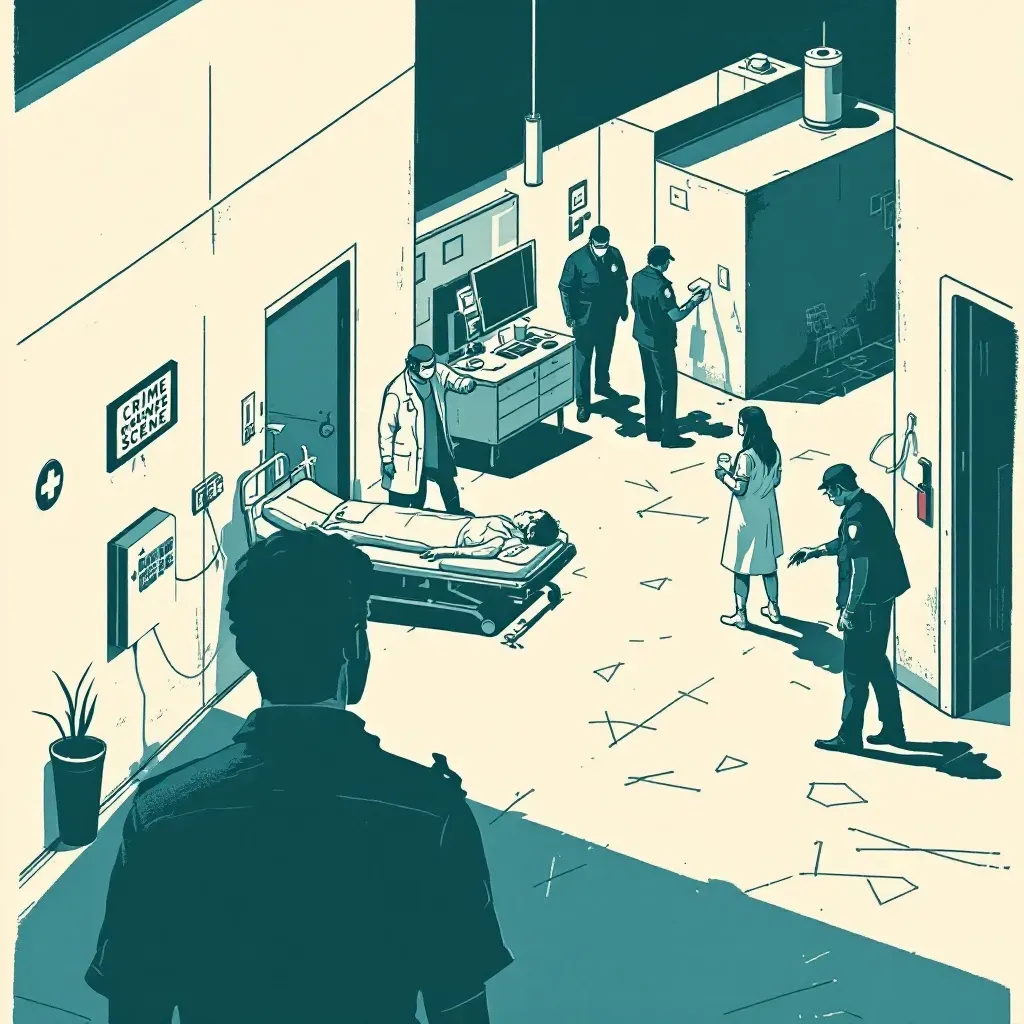 A hospital setting with medical staff attending to a victim, police collecting evidence, and another area marked as a crime scene due to a suspicious incident.