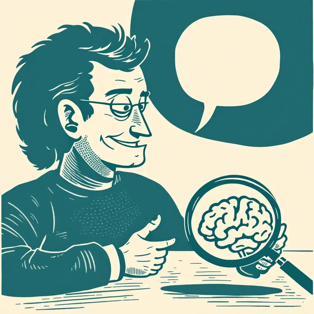 A charismatic individual with a cunning smile, engaging others in conversation while planning a deceptive act; nearby, a magnifying glass over a brain model symbolizes the investigation and analysis of psychopathic behaviors.