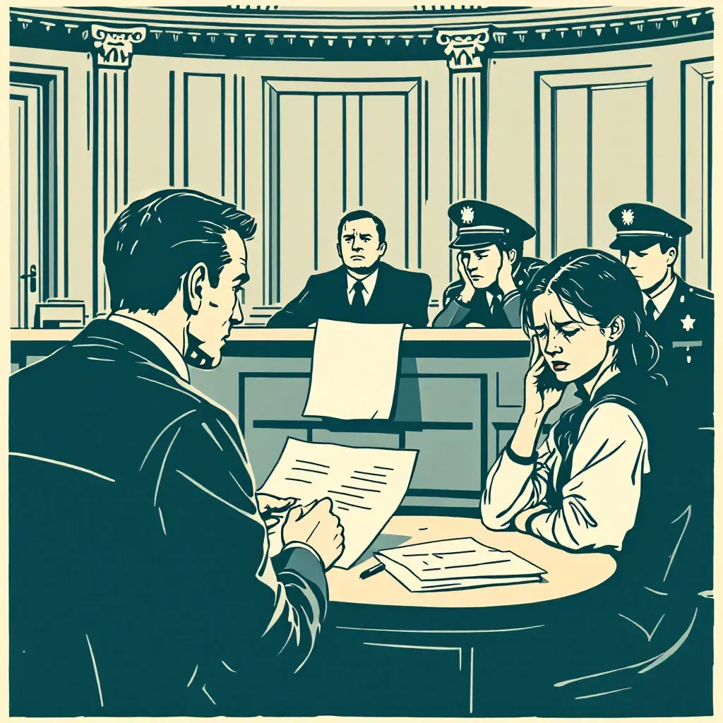 Depiction of a courtroom with a judge looking concerned, police officers reviewing a document, and a witness showcasing signs of distress, symbolizing the investigation and consequences of a false report.
