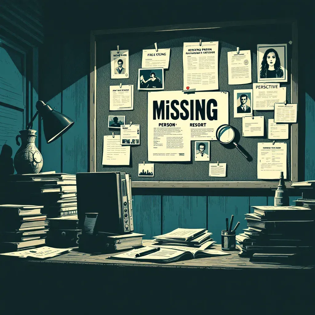 A dimly lit detective's office with stacks of case files, a corkboard covered in photographs and newspaper clippings, a magnifying glass highlighting a missing person's report.