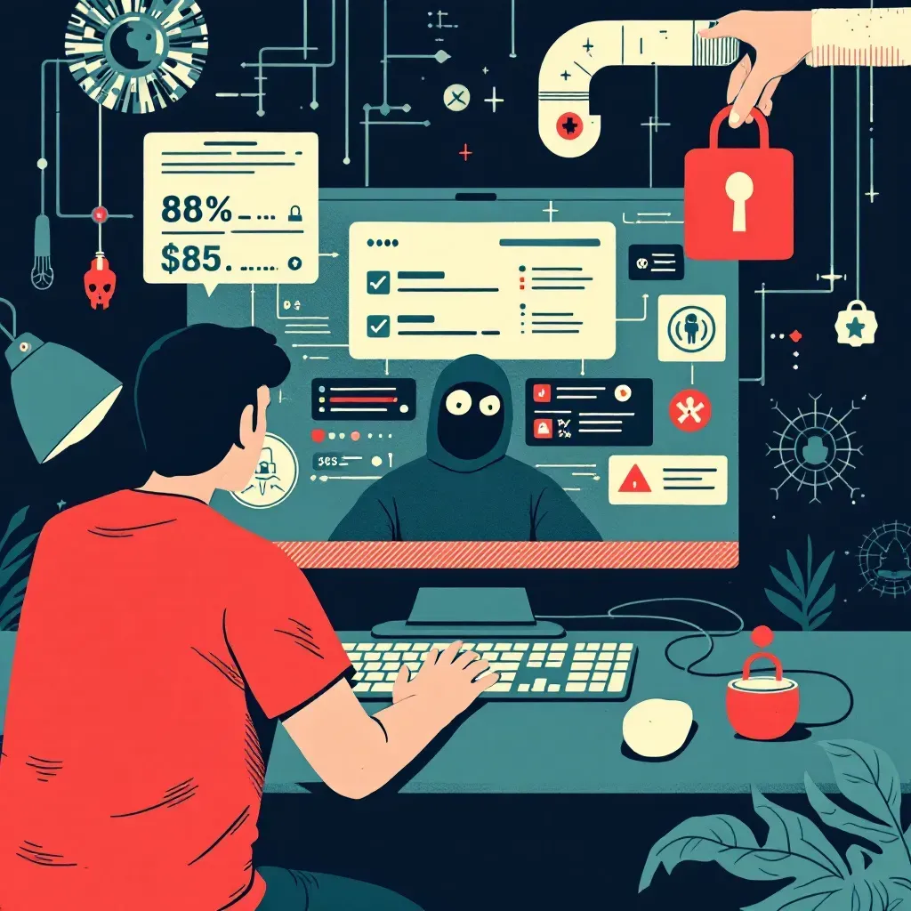 A digital scene depicting a computer screen with a hacker accessing stolen personal data, various digital icons representing phishing and malware attacks, and a distressed person viewing their compromised identity information.