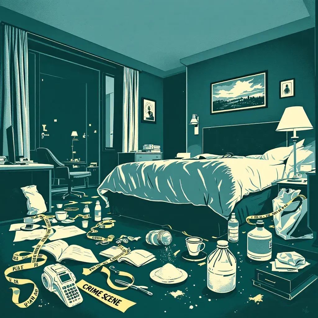 A hotel room filled with crime scene investigation elements, including scattered personal items, police tape, fingerprint powder, and forensic tools, emphasizing the blend of anonymity and transience.