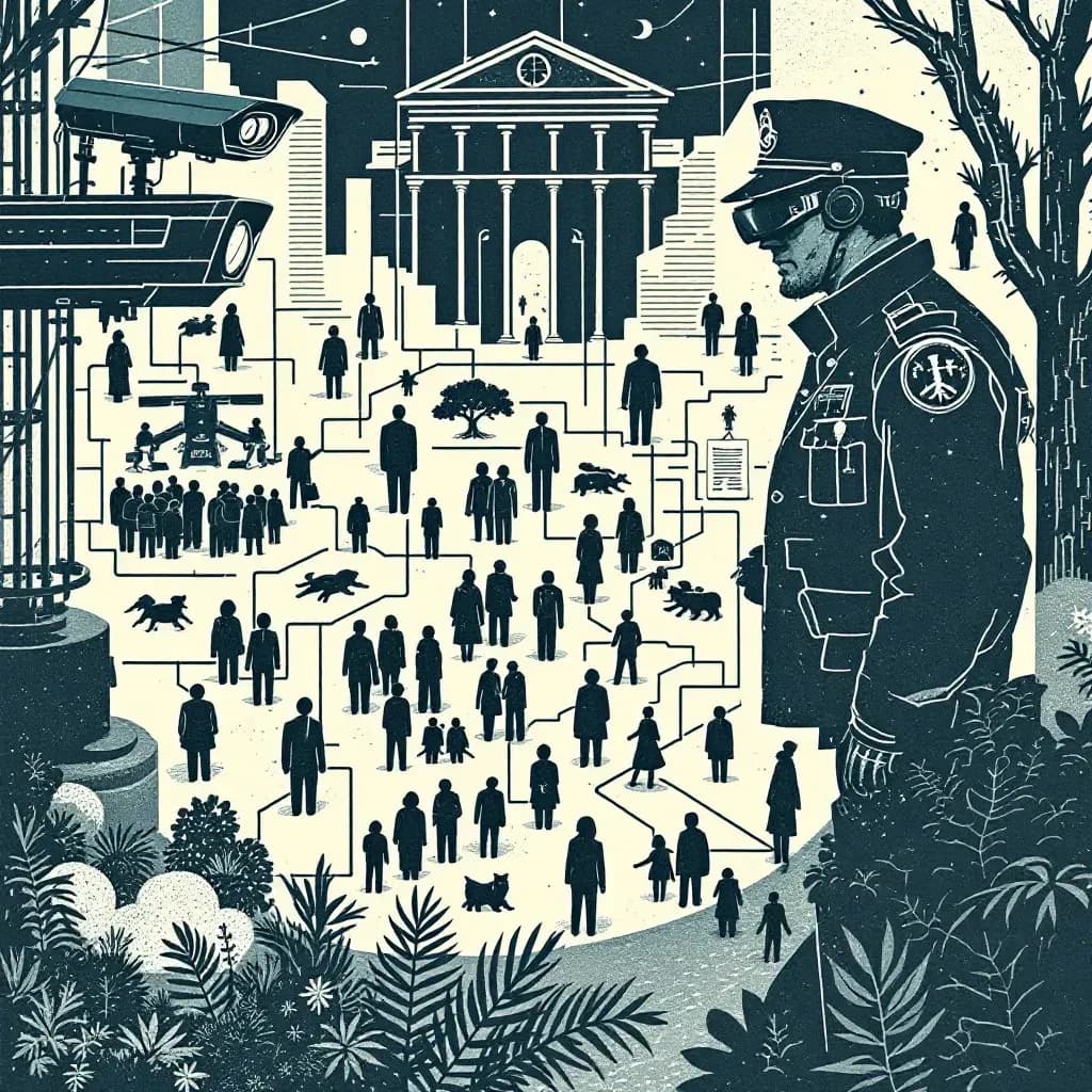 A network of surveillance equipment, informants covertly observing citizens, and psychological documents illustrating the oppressive 'Zersetzung' tactic used by the Stasi in the GDR.