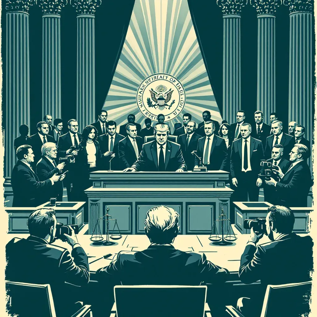 A high-stakes courtroom scene showing a president on trial, surrounded by lawyers and media, with symbolism of power and justice in the form of scales and national emblems.