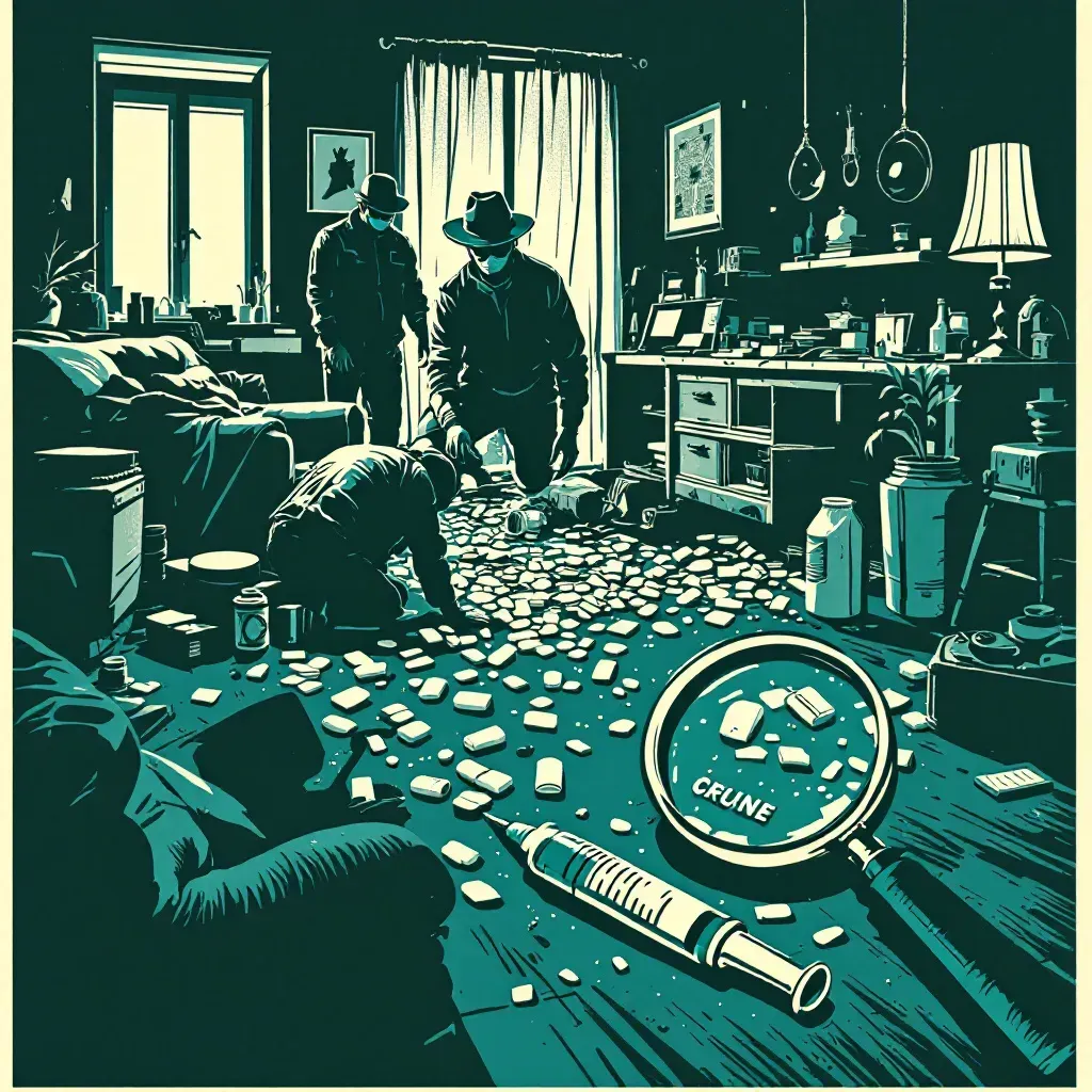 A cluttered crime scene with drugs, paraphernalia, overturned furniture, and scattered possessions; investigators carefully examining the area, magnifying glass over a discarded syringe, symbolizing the complexity of the investigation.