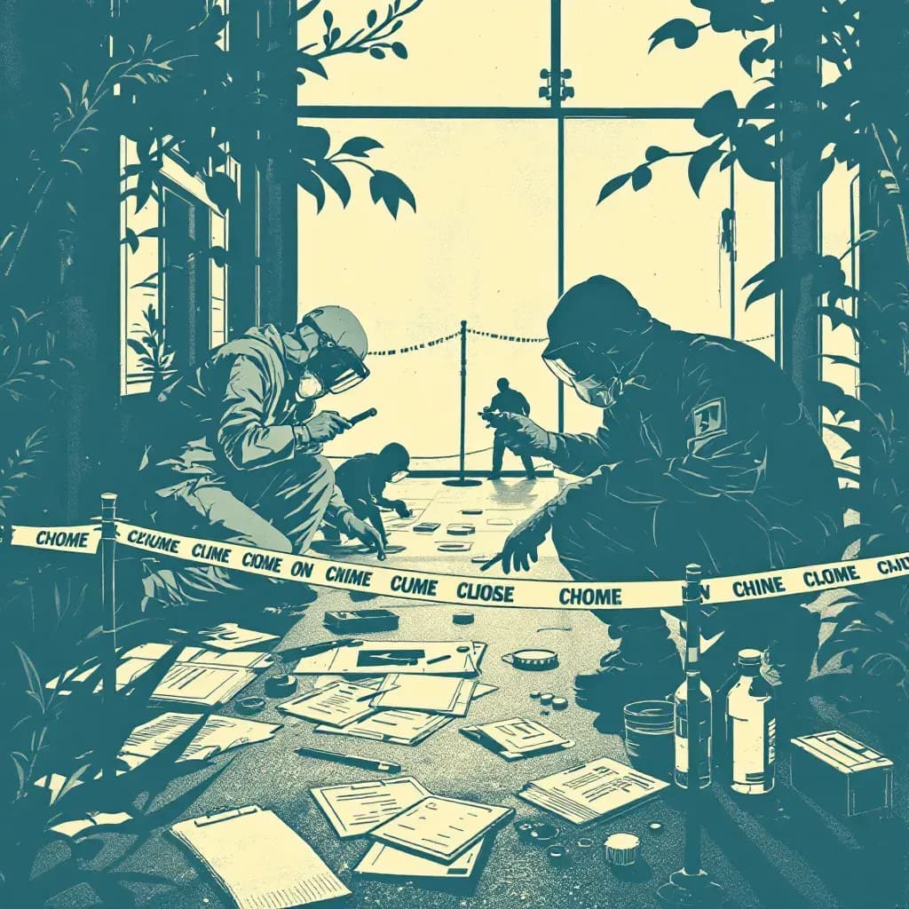 A forensic investigation scene with investigators examining evidence, using magnifying glasses and collecting samples in a meticulously cordoned-off area, showcasing evidence marking and documentation processes.