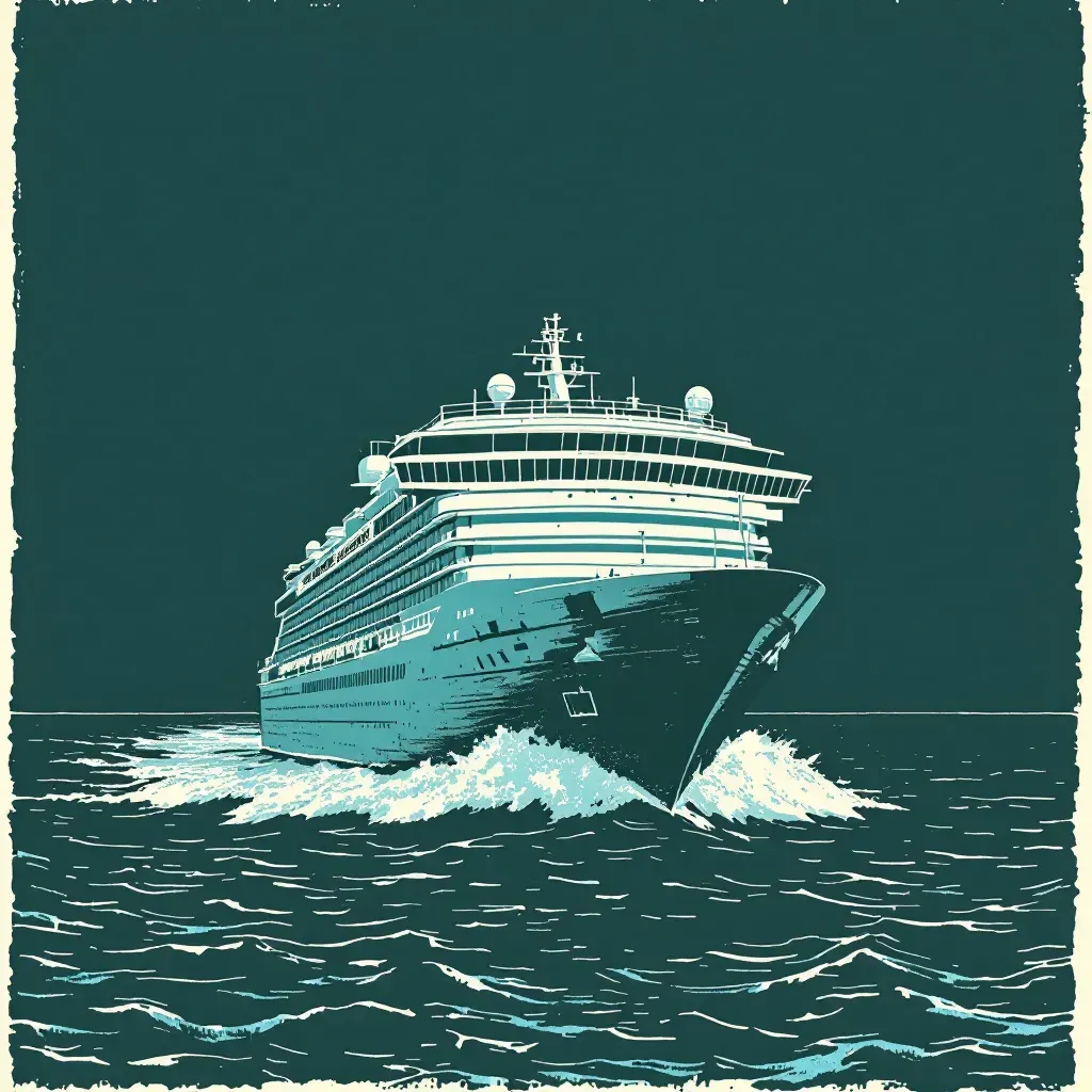 A cruise ship sailing in open waters, isolated and surrounded by vast ocean, encapsulating a microcosm where various crimes occur, highlighting jurisdiction and investigation challenges in international waters.