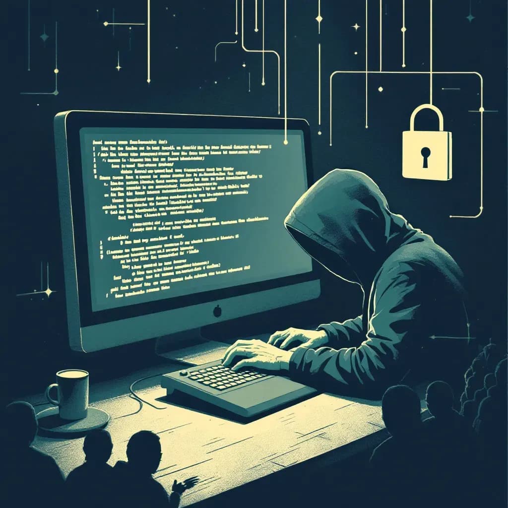A dimly lit computer screen displaying lines of code, a hacker in a dark hoodie typing on a keyboard, digital symbols of a padlock indicating data theft, and shadowy figures suggesting cyber espionage.