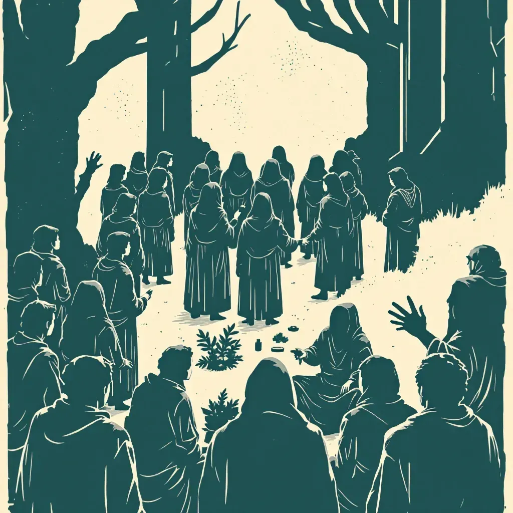 A secluded gathering of individuals wearing matching simplistic attire, a charismatic leader addressing the group, symbols of control and loyalty like rigid hierarchies and ritualistic objects, suggesting manipulation and isolation.