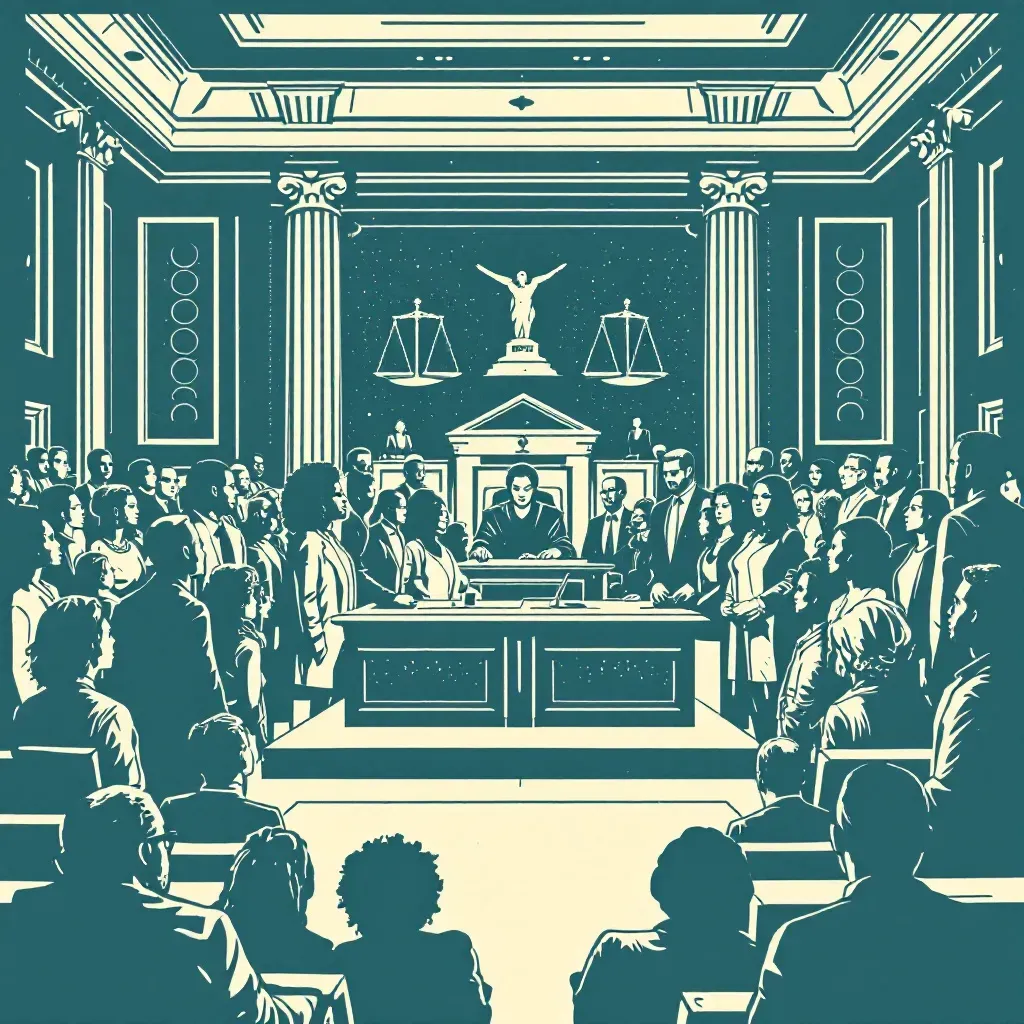 A courtroom with a judge, a diverse group of people, and a visible divide showing the scales of justice unevenly balanced, symbolizing systemic racism within the justice system.